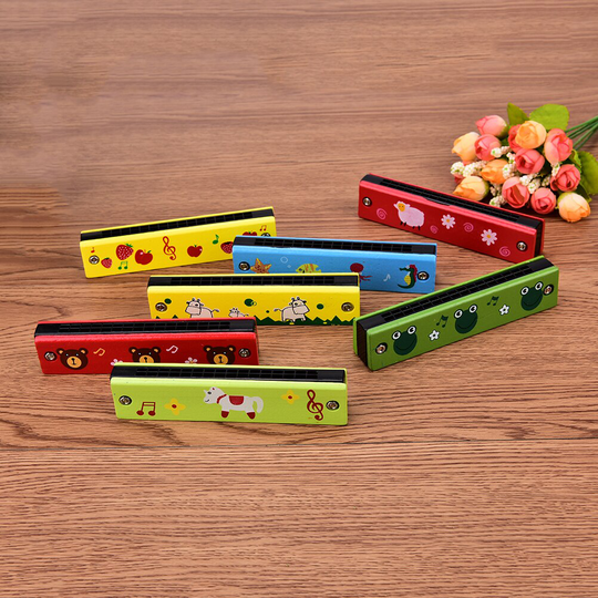 1 Pc Kinderen Musical Educatief Muziek Speelgoed Instrument Cartoon Beschilderde Houten Harmonica Willekeurige Kleur