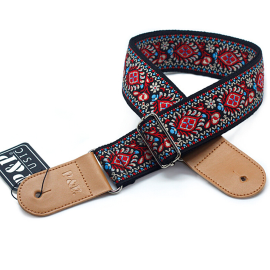 Mode 3 Kleuren Vintage Bloemen Strepen Akoestische Gitaar Strap Woven Borduurwerk Stoffen Lederen Uiteinden Band