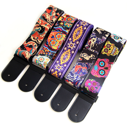 5 Kleuren Vintage Bloemen Strepen Akoestische Gitaar Strap Woven Borduurwerk Stoffen Lederen Uiteinden Band