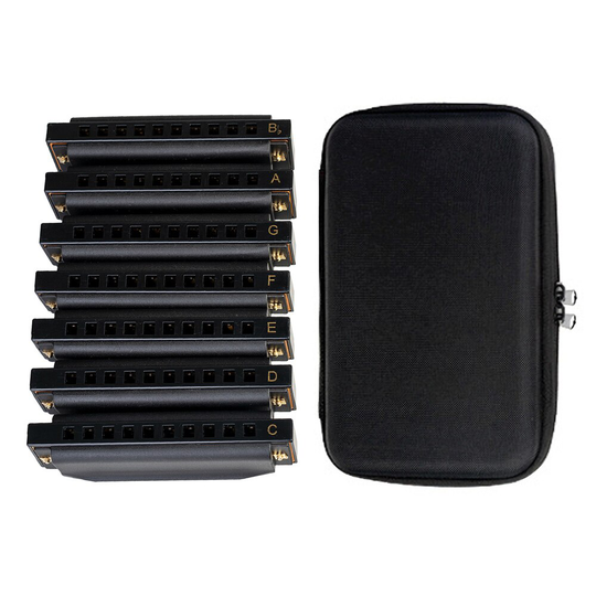 Piemonte Blues Harmonica Harp Set Van 7 (G, Een, Bb, C, D, E, F Toetsen) 10 Gaten Met Ritssluiting Draagtas