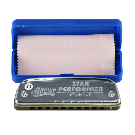 Huang 10 Holes Harmonica Diatonische Blues Sleutel van D 20 Tone Harp Mondharmonica Zilver met Case voor Beginner