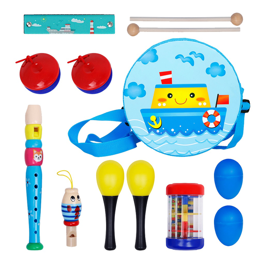 8 Stks/set Kinderen Muziekinstrument Speelgoed Kit Dubbelzijdig Drum Klarinet Vis Fluitje Regen Sirene Cartoon Harmonica Voor Meisjes jongens