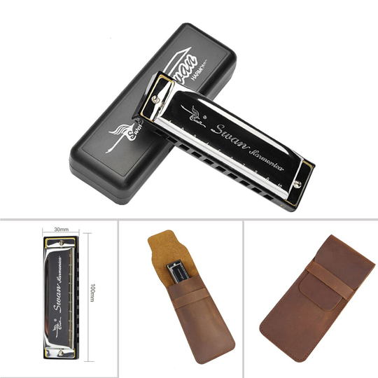 10 gaten C Key Mondharmonica met Case 1 pcs Metalen Zwaan Diatonische Blues Mondharmonica 1 pcs Vintage Lederen Harmonica case Holster Houder