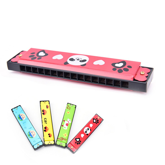 16 Gaten Dubbele Rij Houten Geschilderde Harmonica Muziekinstrument Educatief Speelgoed Cartoon Patroon Wind Instrument Kinderen