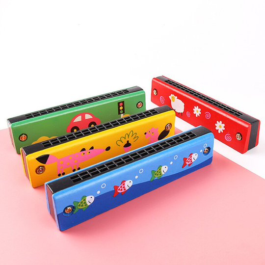 16 Gaten Dubbele Rij Blow Cartoon Beschilderde Houten Harmonica Instrument Willekeurige Kleur Kinderen Musical Educatief Muziek Speelgoed
