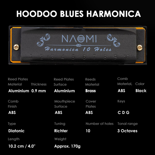 Naomi 3 Pcs Hoodoo Blues Harmonica C, D, G Sleutel Harmonica Set 10 Gaten Met Ritssluiting Draagtas