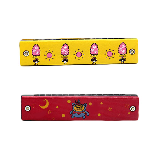 2Pcs 16 Gaten Harmonica Speelgoed Cartoon Houten Harmonica Grappige Muziekinstrumenten Voor Kinderen Kids (Willekeurige Kleur)