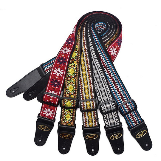 Katoen Verstelbare Vintage Bloemen Strepen Akoestische Gitaar Strap Woven Borduurwerk Stoffen Lederen Uiteinden Band