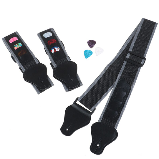 Elektrische Gitaar Strap Zwart Met 3 Plectrums Gitaar Pick Houders Pu Lederen Uiteinden Akoestische Gitaar Bas Strap Riem Verstelbare