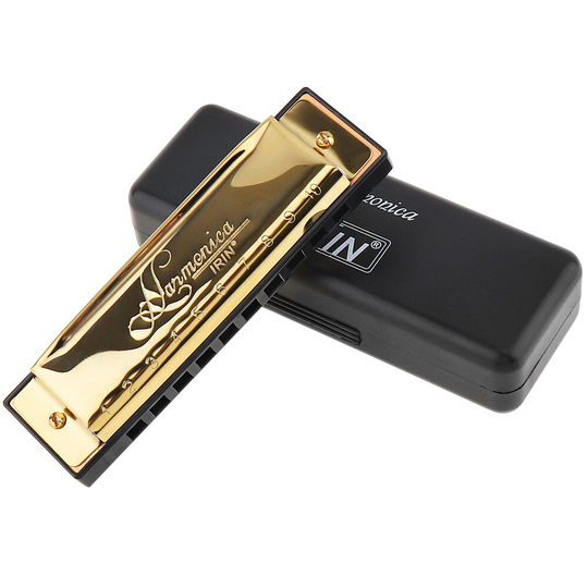 Gold 10 Gaten 20 Tone Blues Harmonica Toonsoort C Mondharmonica Muziekinstrument Met Zwarte Opbergdoos