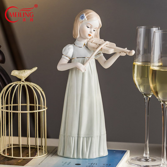 Porselein Standbeeld Meisje Spelen De Viool Handgemaakte Collectible Art Tall Keramische Beeldje Tafel Home Decoraties Muziek Leraar