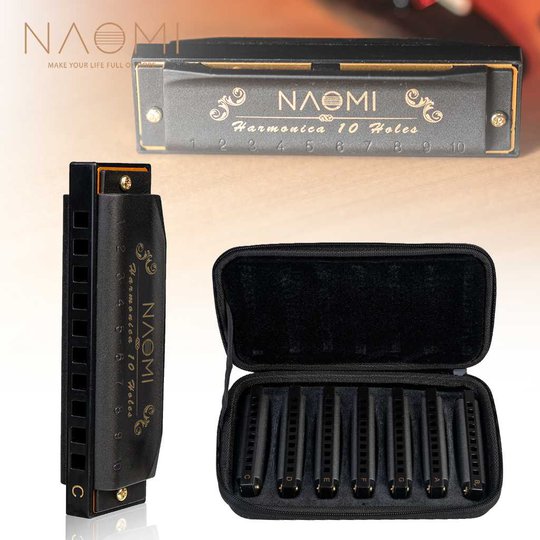 Naomi NH0908-034 Zwart Harmonica Set 7 Stks/set 10 Gaten G/A/Bb/C/D/E/F Sleutel Piemonte Blues Harmonica Met Case Voor Begnner