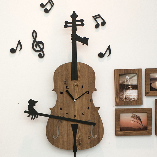 Viool Wandklok Grote Wandklokken Modern Houten Muur Horloge Woonkamer Art Decor Voor Muzikant Reloj Pared Decorativo