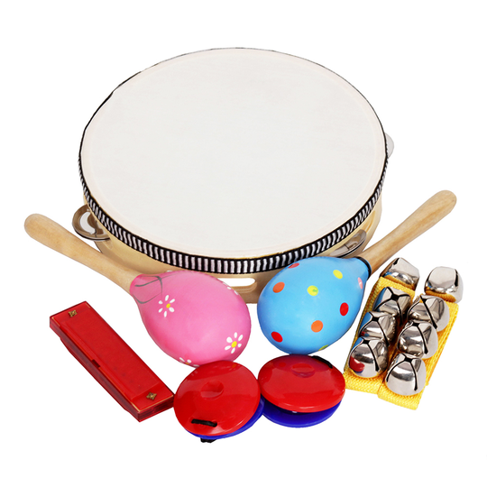 Chrismas 8 Stks/set Muzikaal Speelgoed Band Ritme Kit Inclusief Tamboerijn Maracas Castagnetten Handbells Harmonica Voor Kinderen