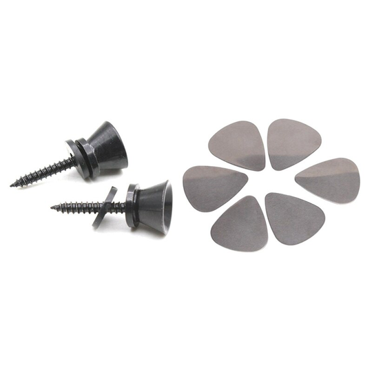 2Pcs Guitar Strap Lock Pins Peg Metal Zwart Met 6X Rvs Plectrums-Zilver